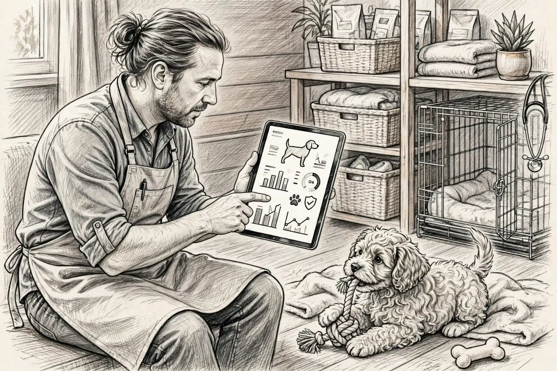 Breeder reviews canine health records beside a playful puppy