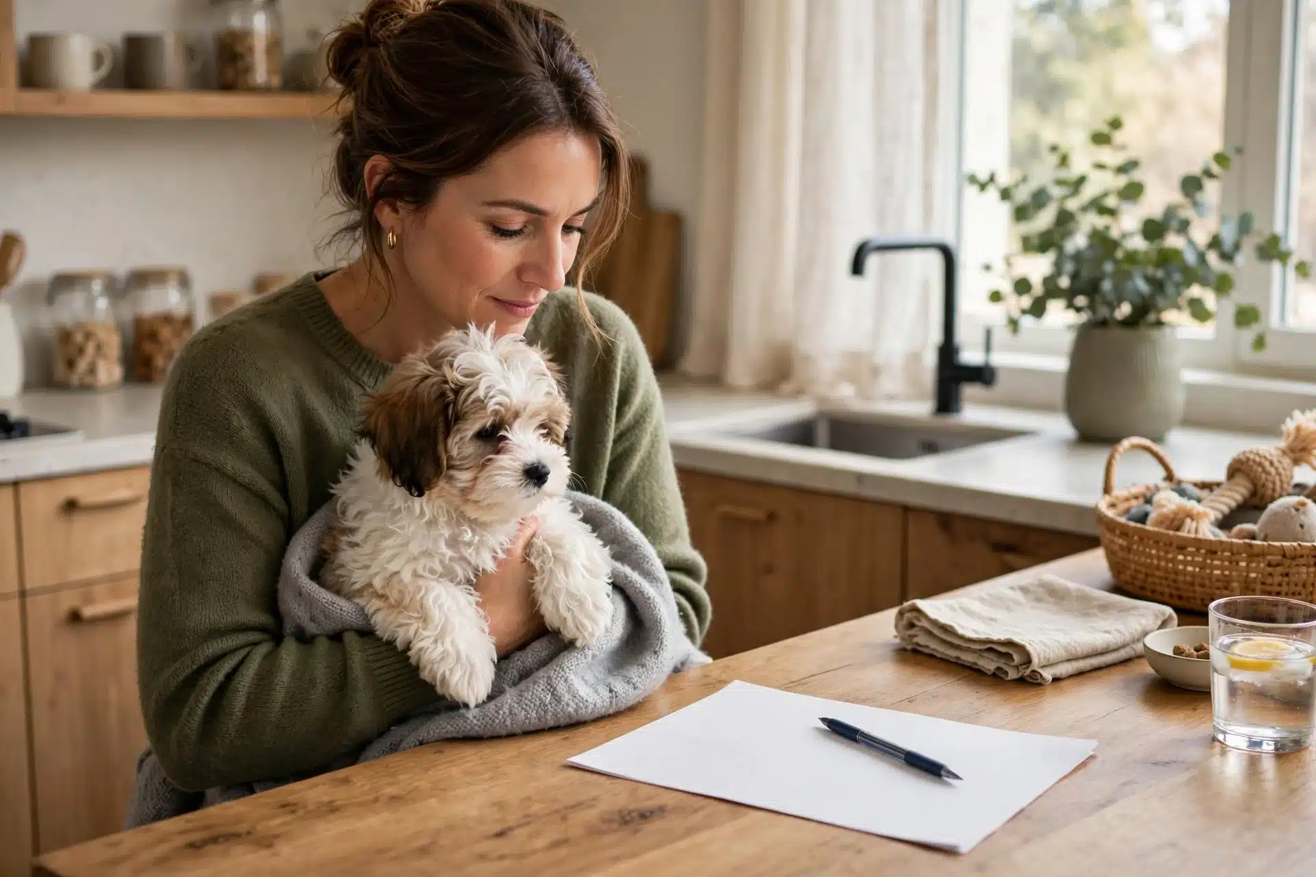 Parent reviews paperwork holding Havanese puppy in kitchen