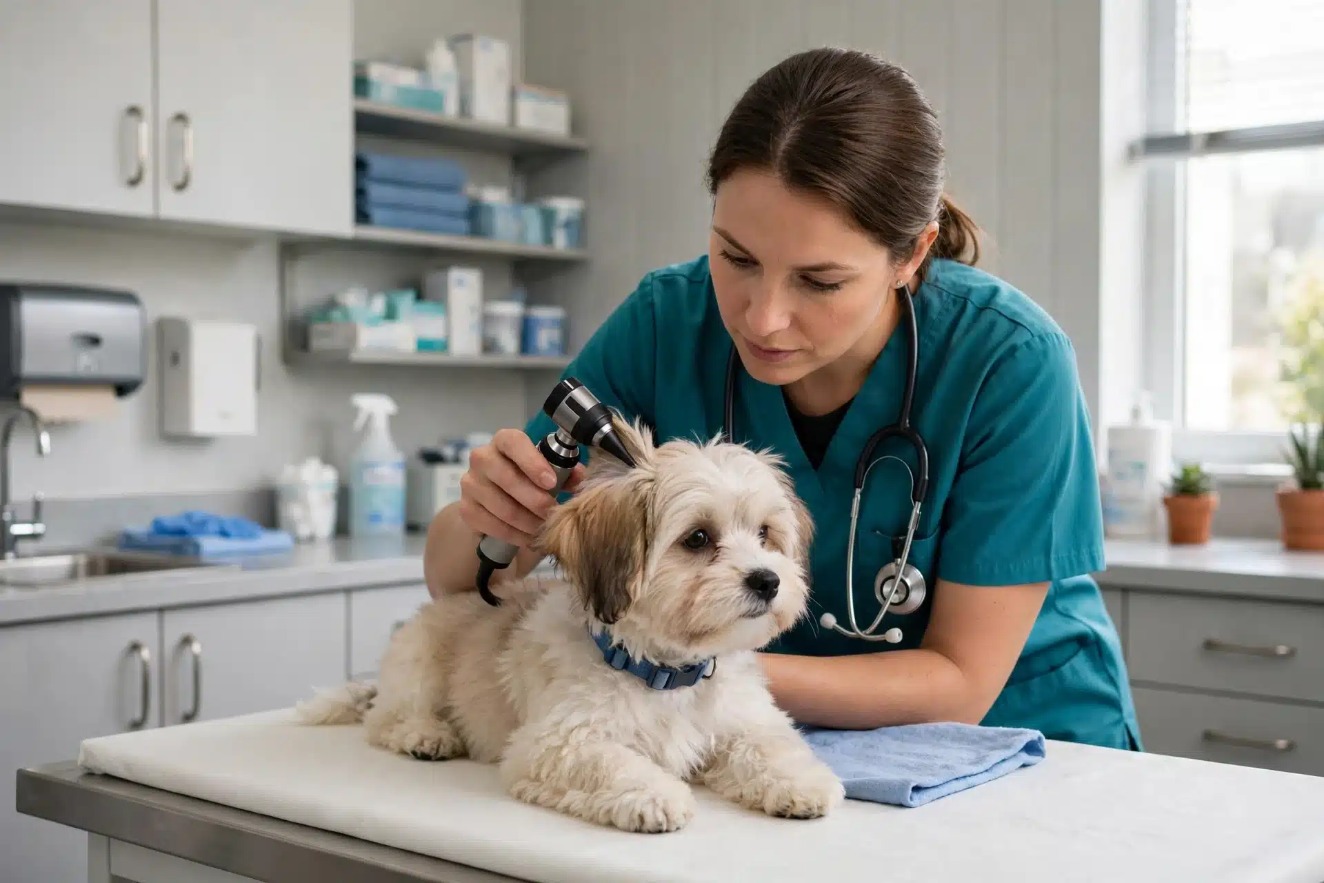 Veterinarian examining a Havanese puppy’s ears
