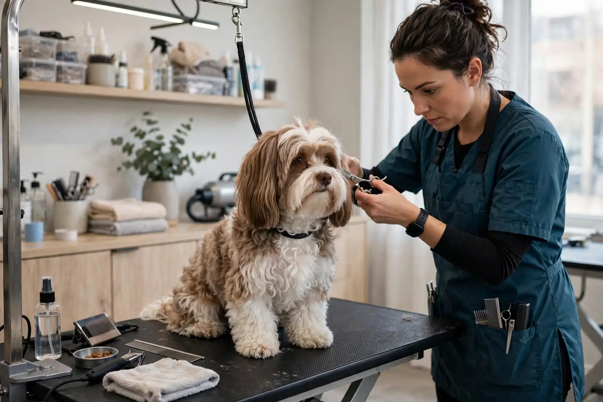 Groomer trims Havanese coat in a bright salon