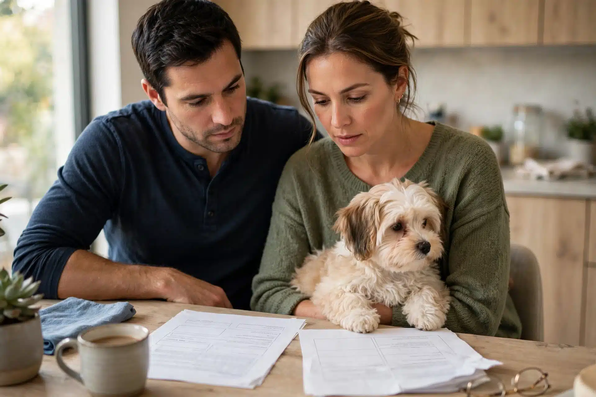 Couple reviews insurance and vet bills with puppy