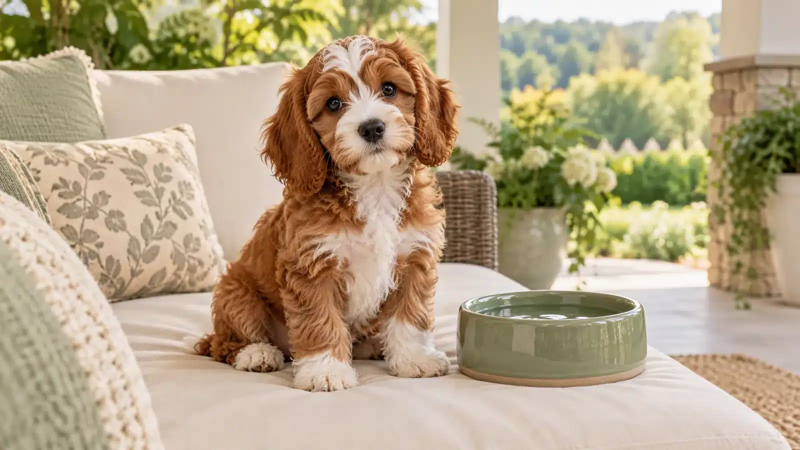 AI-generated illustration of a red and white Cavapoo puppy on a shaded cream patio cushion beside a sage-green water bowl.