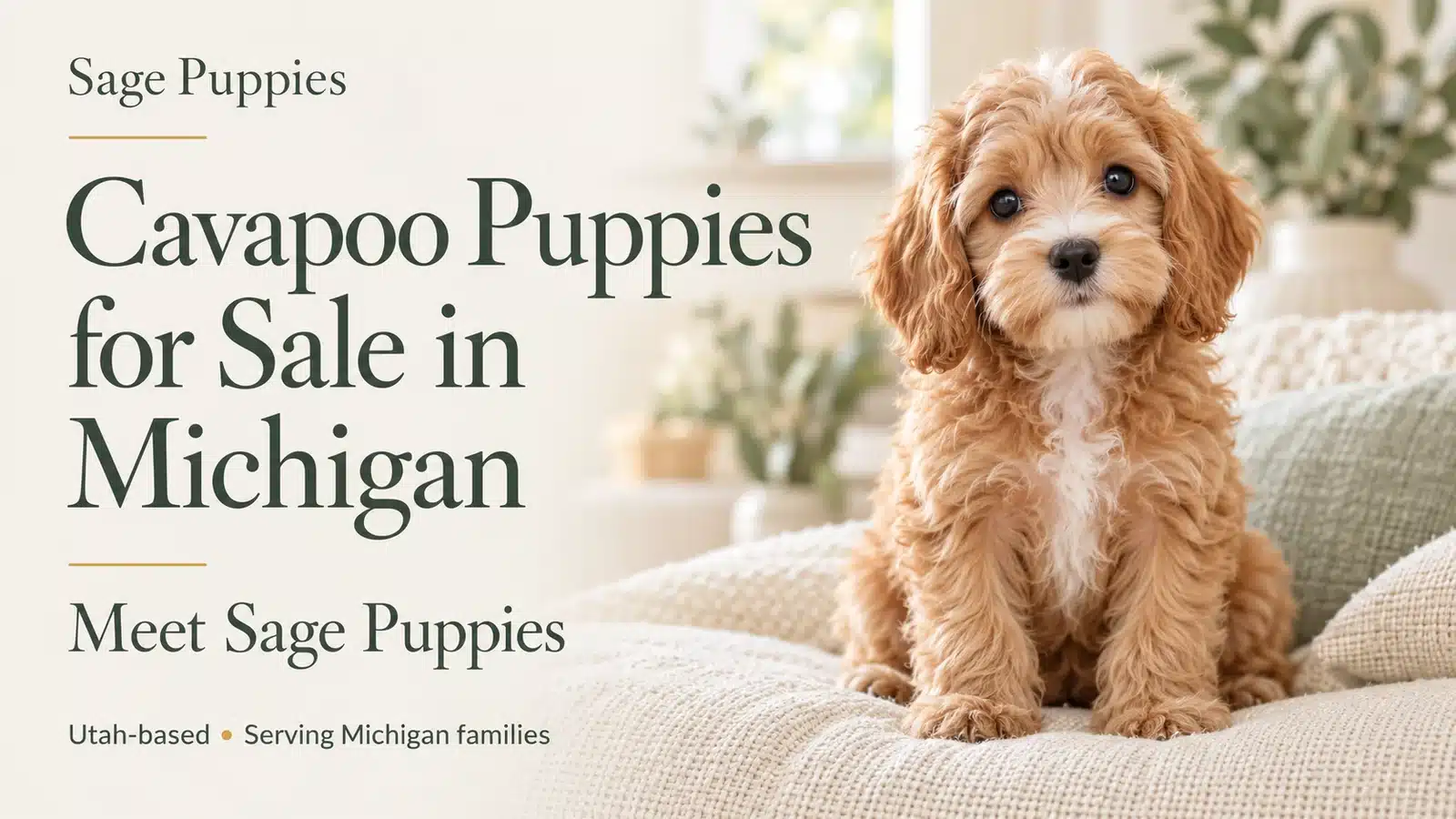 Apricot Cavapoo puppy sitting on a cream cushion beside the Michigan article headline.