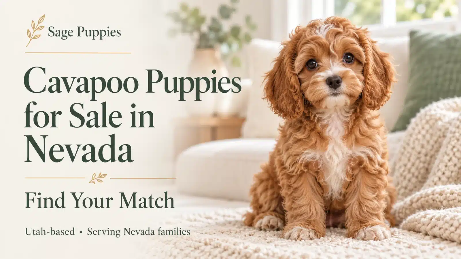 Apricot Cavapoo puppy with a cream chest beside the Nevada headline and “Find Your Match” text.