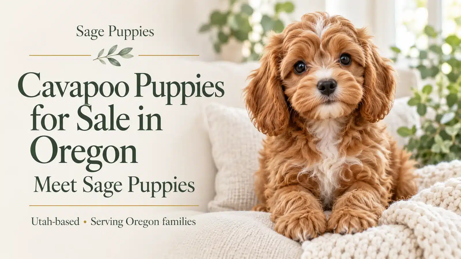 Apricot Cavapoo puppy with a cream chest on a cream cushion beside “Cavapoo Puppies for Sale in Oregon” text.