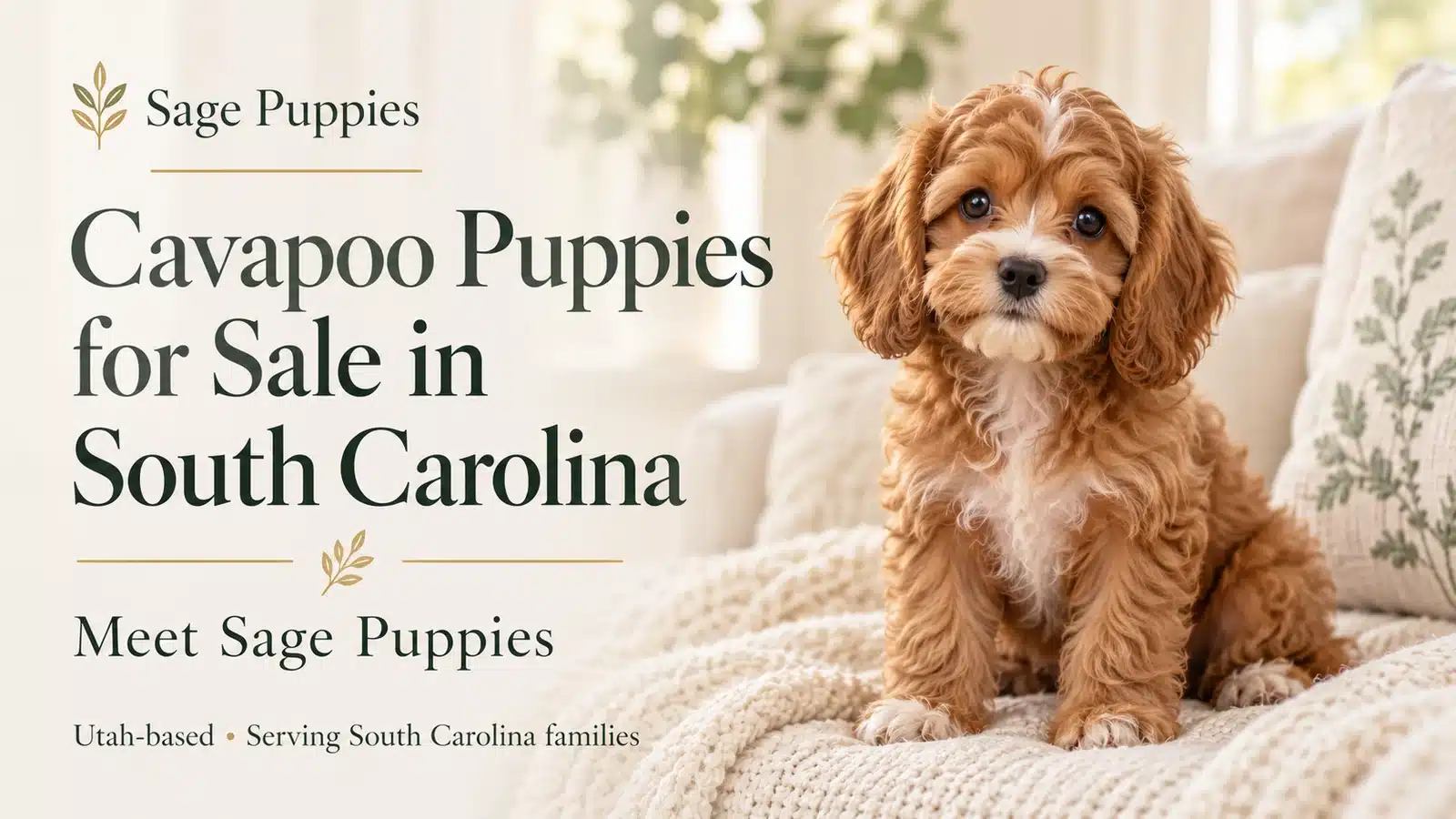Apricot Cavapoo puppy with a cream chest beside the South Carolina headline and “Meet Sage Puppies” text.
