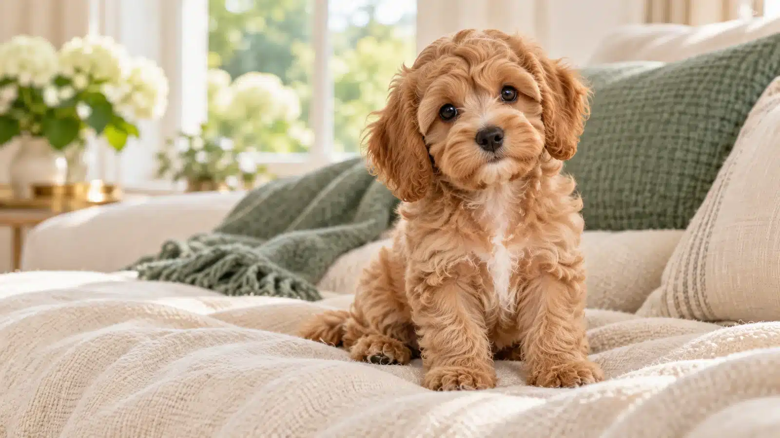 Apricot Cavapoo puppy sitting on a cream blanket with a sage green throw behind it