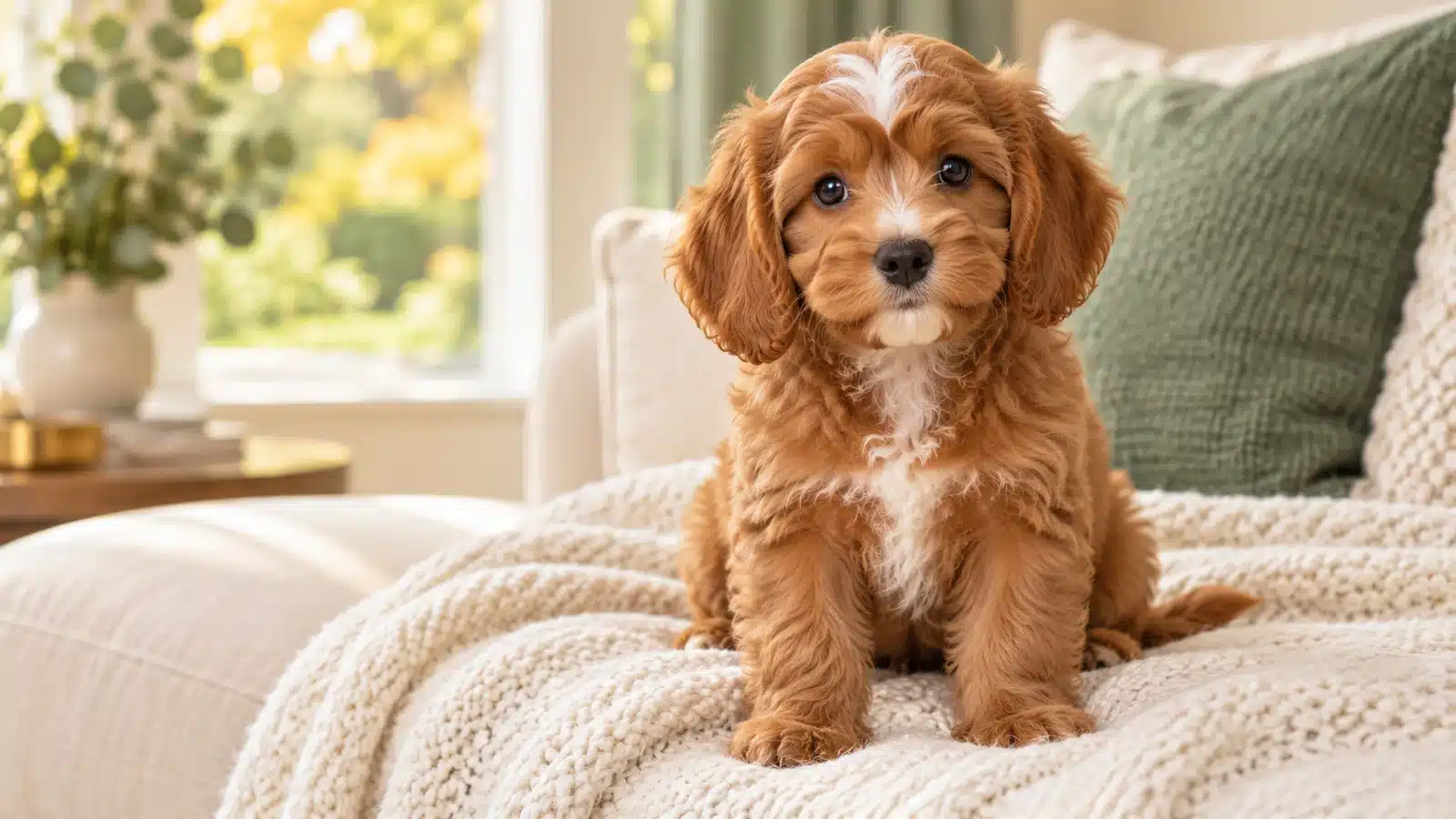 Apricot Cavapoo puppy with a white forehead blaze sitting on a cream blanket