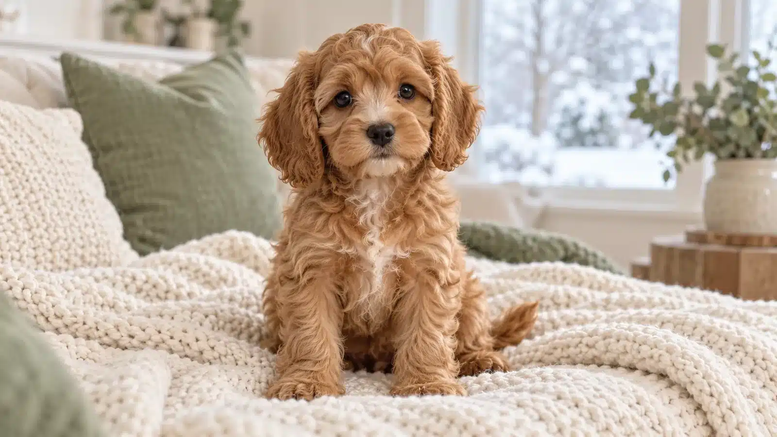 AI-generated illustration of an apricot Cavapoo puppy on a cream knitted blanket beside a window overlooking snow.