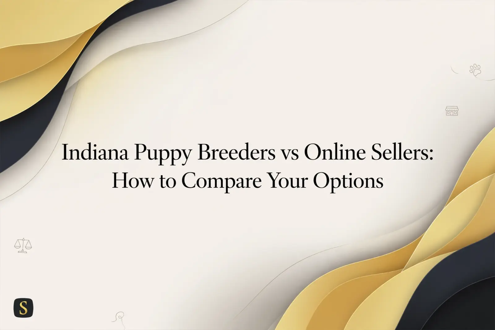 Title slide for "Indiana Puppy Breeders vs Online Sellers: How to Compare Your Options," featuring abstract golden and navy waves, scales of justice icon, and a paw print.