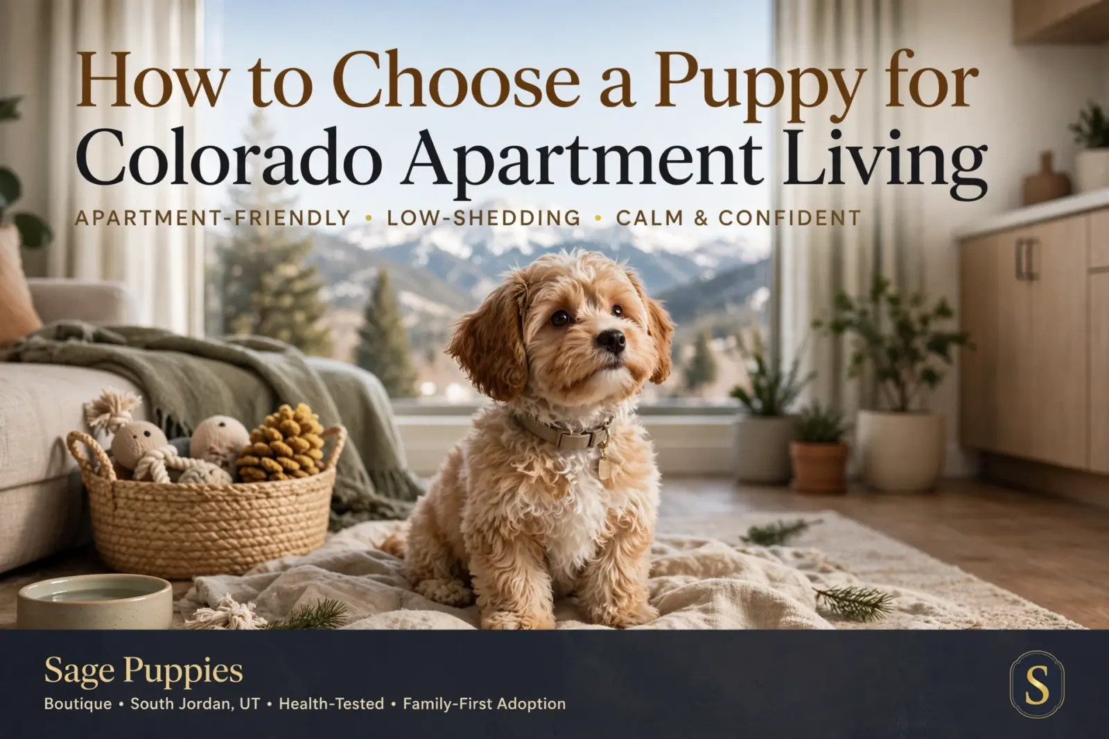 A fluffy, light brown puppy with floppy ears sits on a textured blanket in a bright, modern apartment. The puppy is looking up attentively, with a basket of toys and a water bowl nearby. Large windows behind reveal a scenic view of snow-capped mountains, complementing the blog title "How to Choose a Puppy for Colorado Apartment Living.
