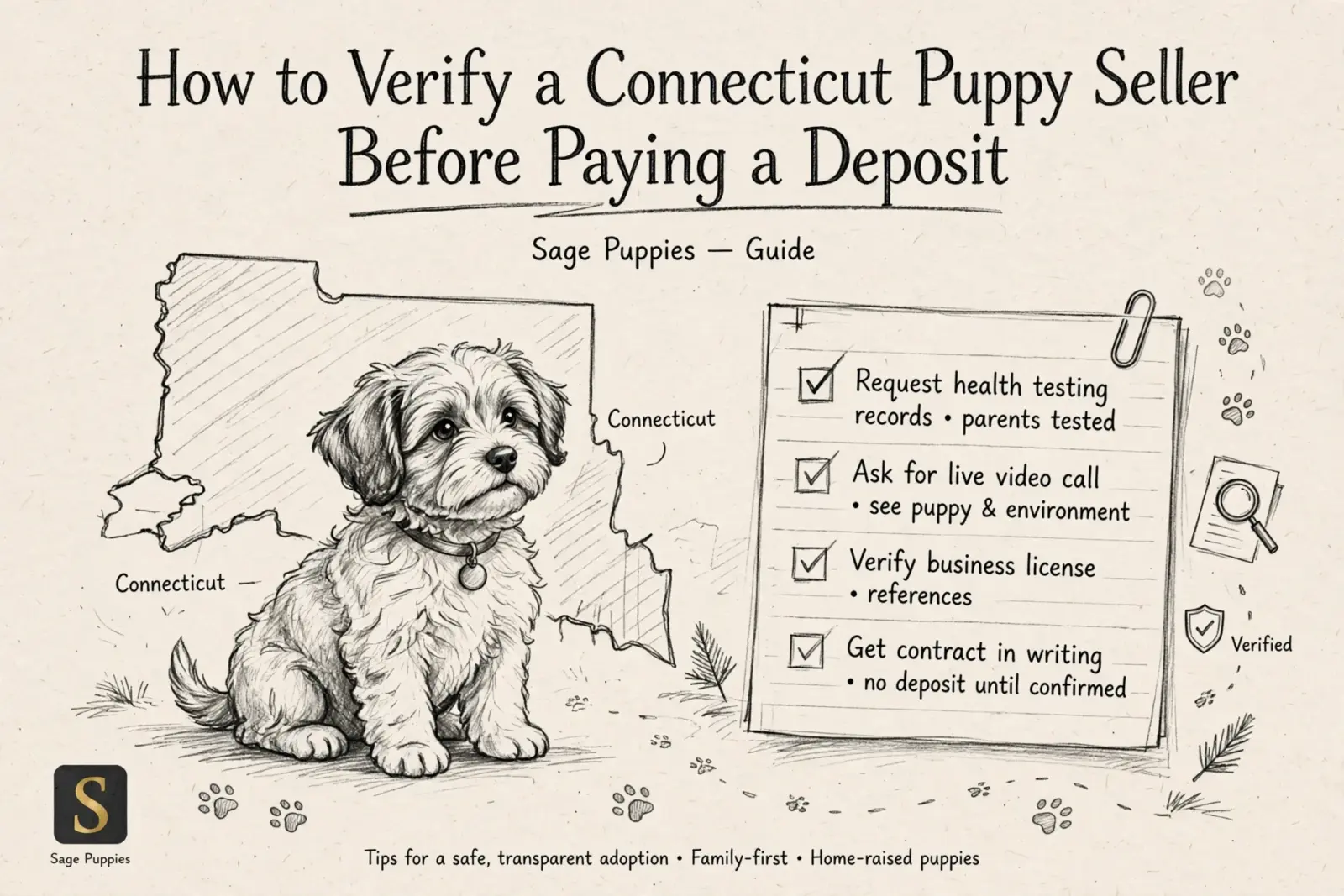 A sketch of a fluffy, light-colored puppy sitting on grass next to a map of Connecticut, with a checklist of verification steps for a Connecticut puppy seller. Keywords: Verify Connecticut puppy seller, deposit.