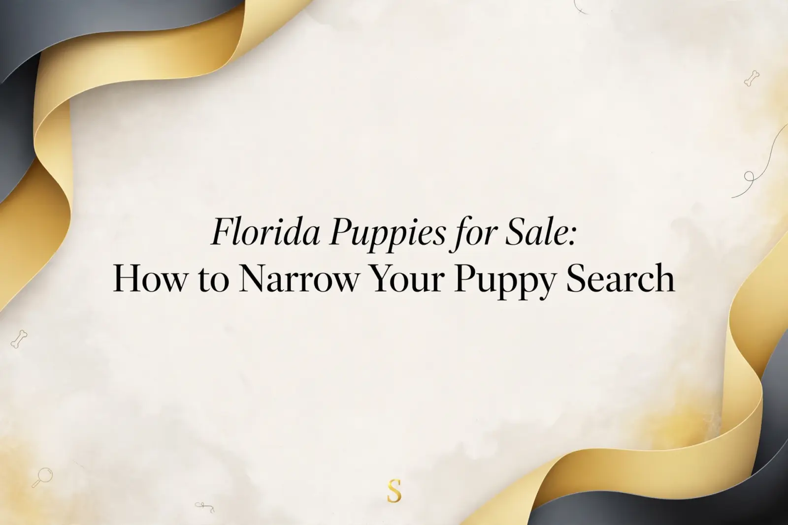 Florida Puppies for Sale: How to Narrow Your Puppy Search title graphic with elegant gold and gray ribbon accents and subtle bone and swirl illustrations.