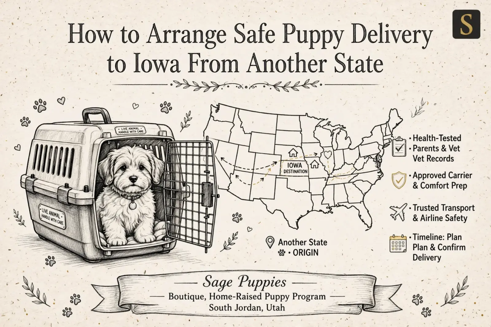 A fluffy white puppy sits in an open carrier next to a map of the US, highlighting "Iowa Destination" for safe puppy delivery from another state.