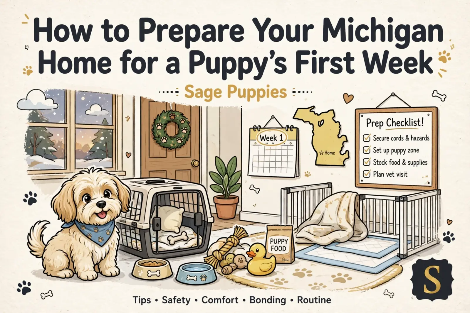 A fluffy, light-colored puppy with a blue bandana sits next to a dog crate filled with puppy supplies, including food, toys, and bedding, in a cozy home setting. A "Prep Checklist!" is visible on a whiteboard, and a calendar marks "Week 1," all relevant to preparing a Michigan home for a puppy.