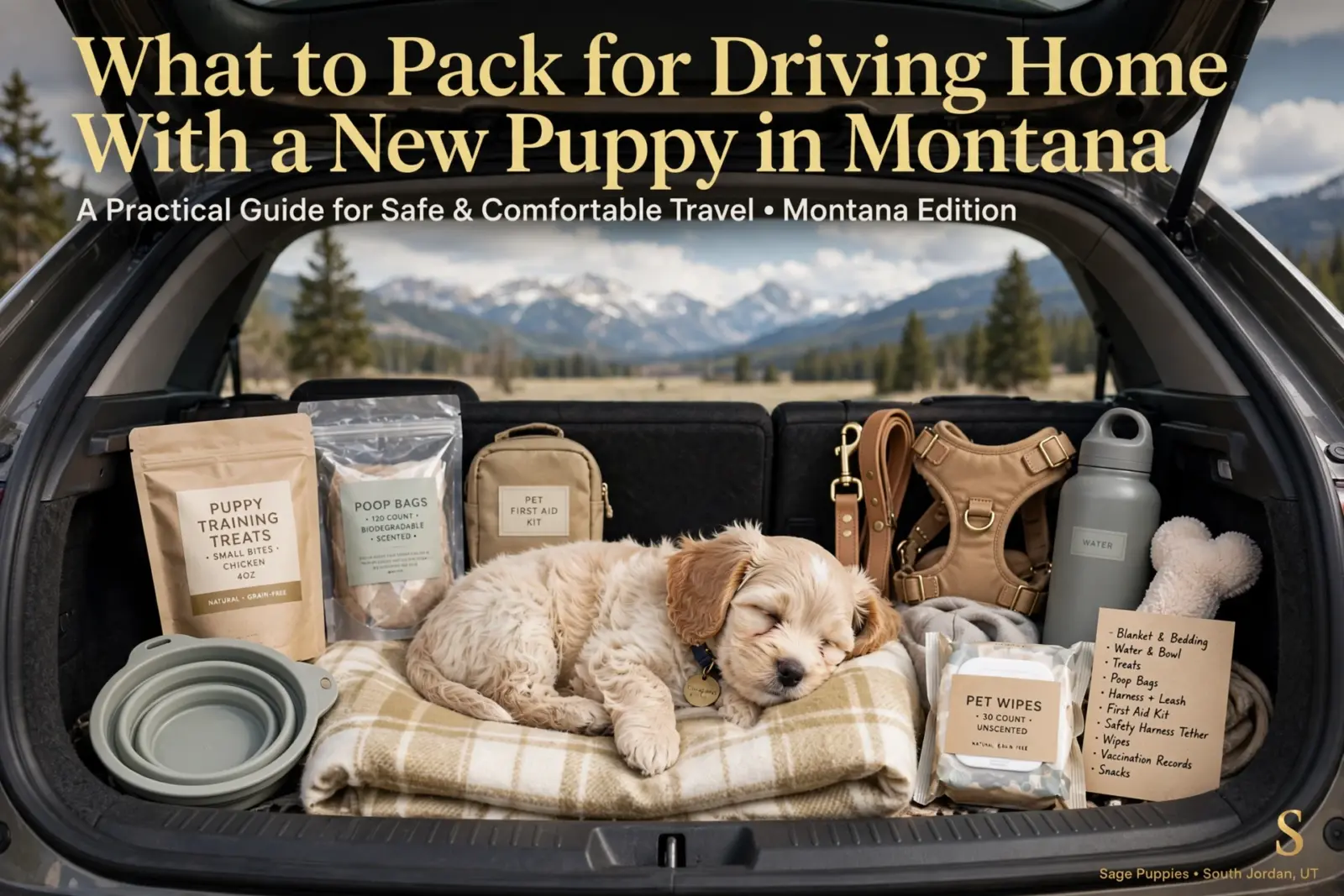 A fluffy golden puppy sleeps peacefully in the open trunk of a car, surrounded by essential items for driving home in Montana, including food, a leash, and a first aid kit. Snowy mountains are visible in the background.