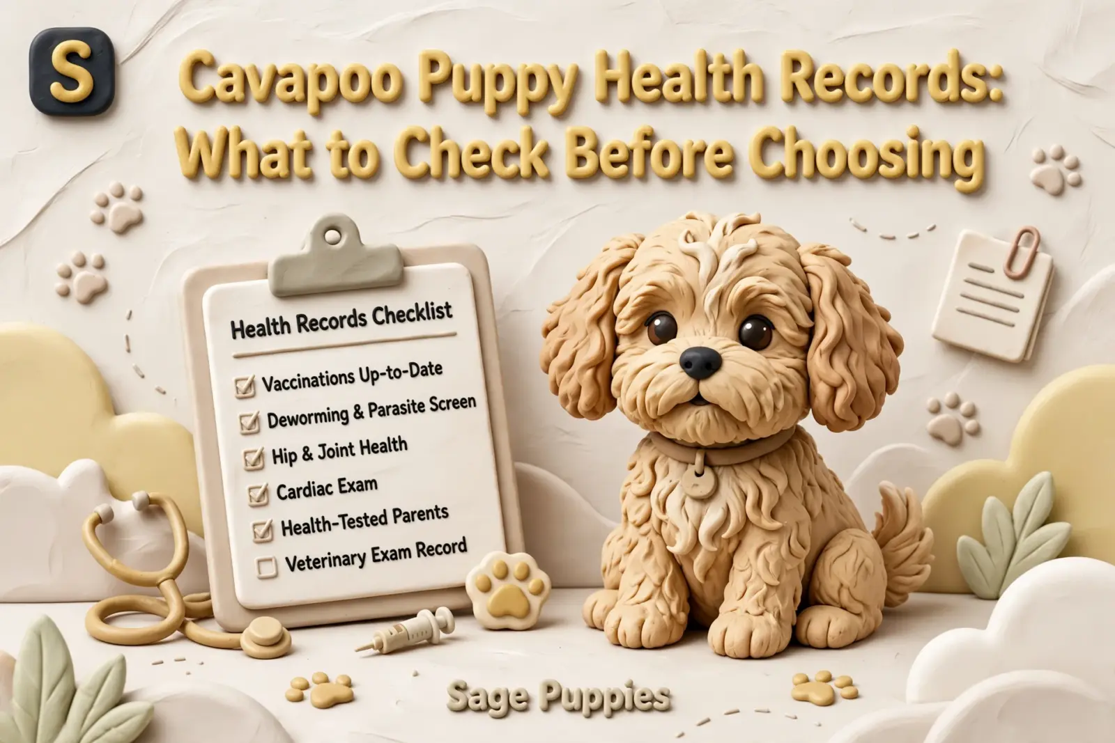 A cute Cavapoo puppy sits next to a "Health Records Checklist" clipboard, with a stethoscope and syringe nearby. The image visually represents the importance of checking Cavapoo puppy health records before choosing a pet.