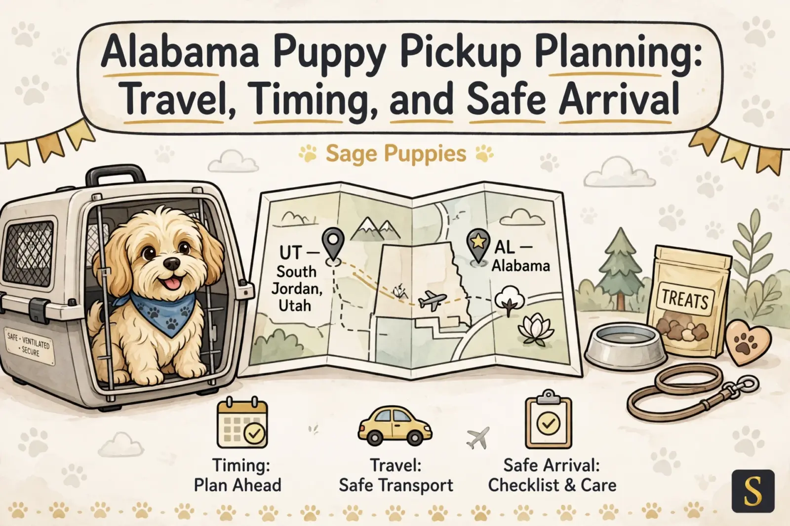 An adorable fluffy golden puppy with a blue bandana sits in a white crate, ready for Alabama puppy pickup planning. A map shows travel from Utah to Alabama, with icons for timing, safe transport, and safe arrival.