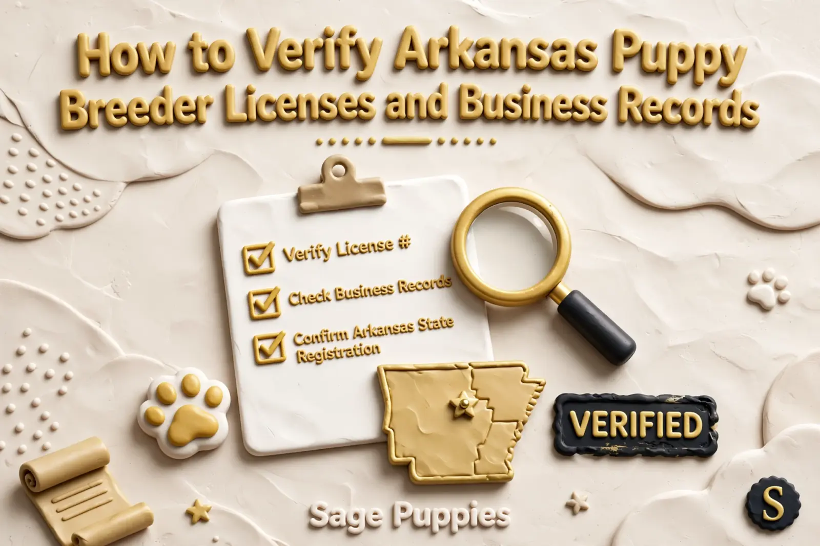 3D illustration for "How to Verify Arkansas Puppy Breeder Licenses and Business Records" blog, showing a clipboard with checklist items like "Verify License #", "Check Business Records", and "Confirm Arkansas State Registration", alongside a magnifying glass, Arkansas map, and "VERIFIED" stamp.