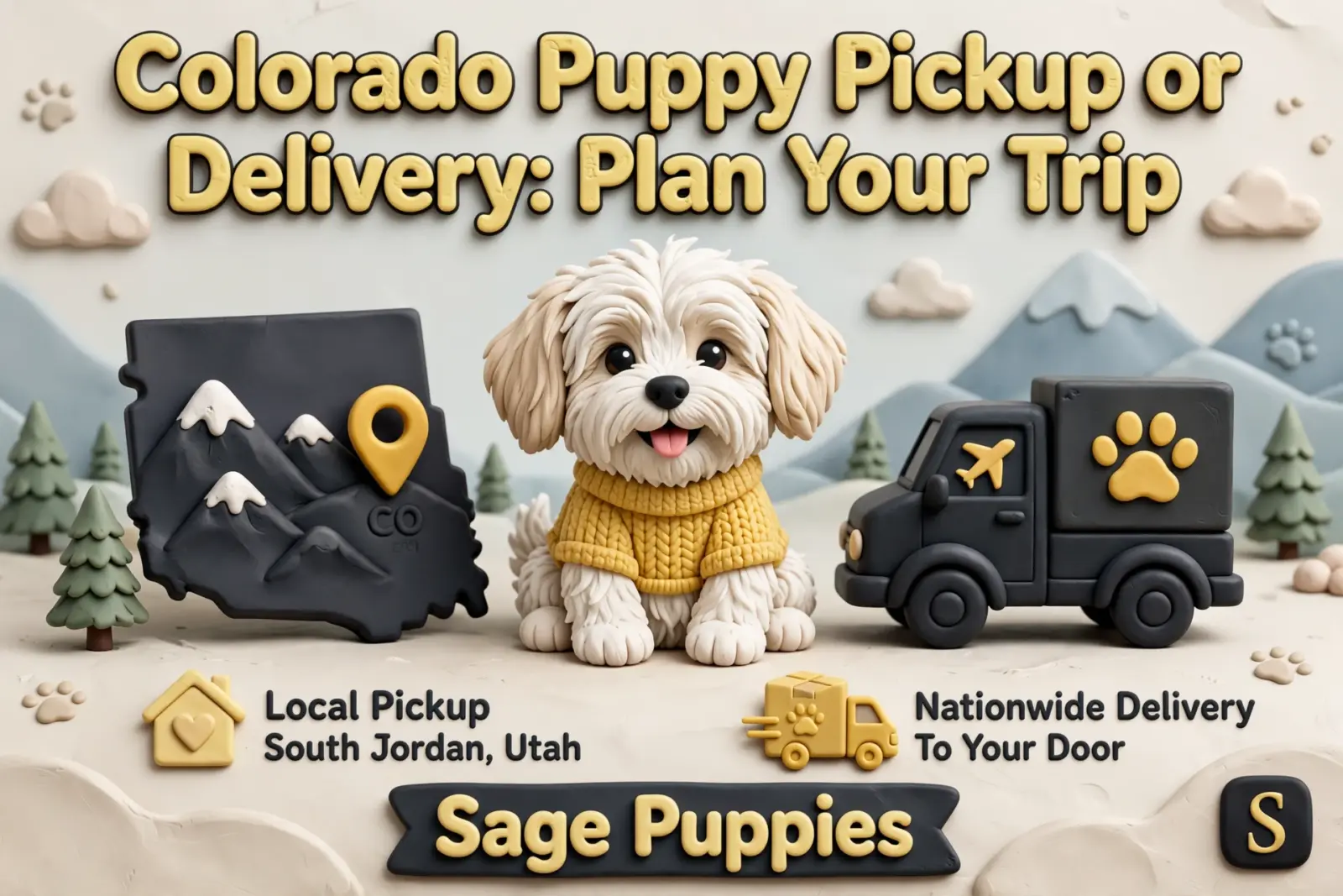 A fluffy white puppy wearing a yellow sweater sits between a Colorado-shaped map and a delivery truck, with "Colorado Puppy Pickup or Delivery: Plan Your Trip" text above. This image highlights puppy pickup and delivery services.