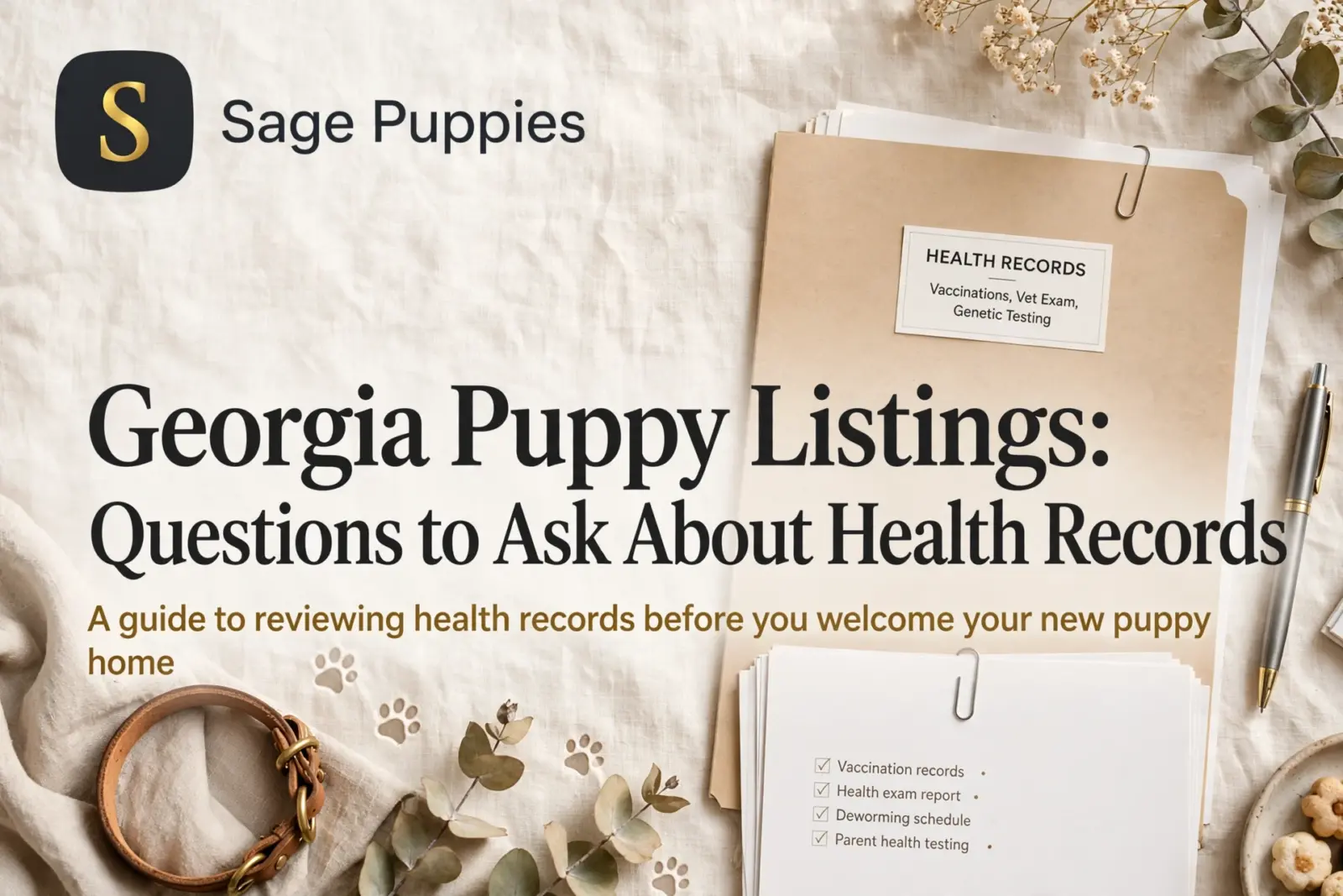 A flat lay featuring a "Georgia Puppy Listings: Questions to Ask About Health Records" title, with a folder labeled "HEALTH RECORDS" and a checklist including "Vaccination records" and "Parent health testing.