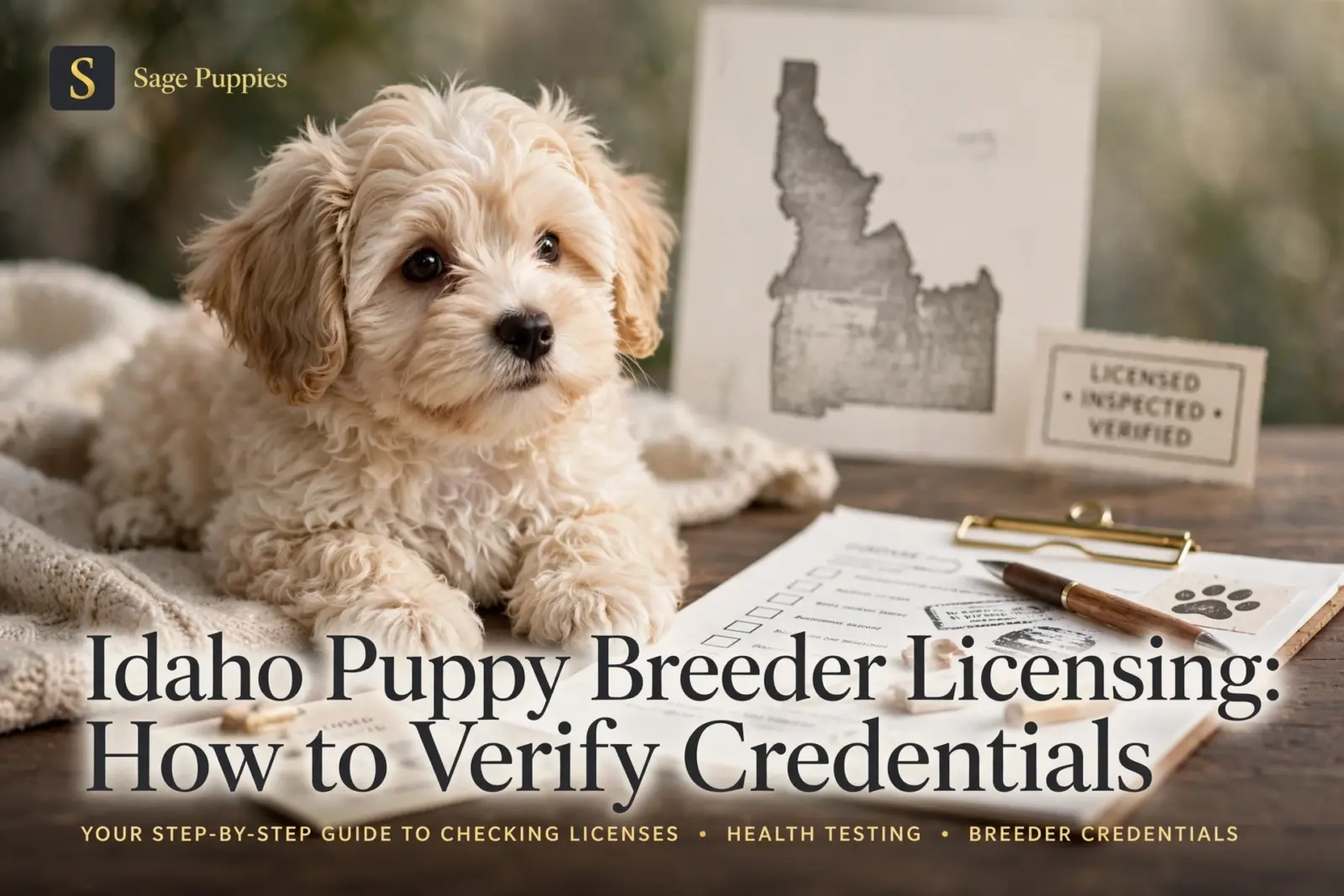 Fluffy light brown puppy lies on a blanket next to a clipboard with "Idaho Puppy Breeder Licensing: How to Verify Credentials" text, a pen, and a stamp. An Idaho outline map and a "Licensed, Inspected, Verified" sign are in the background.