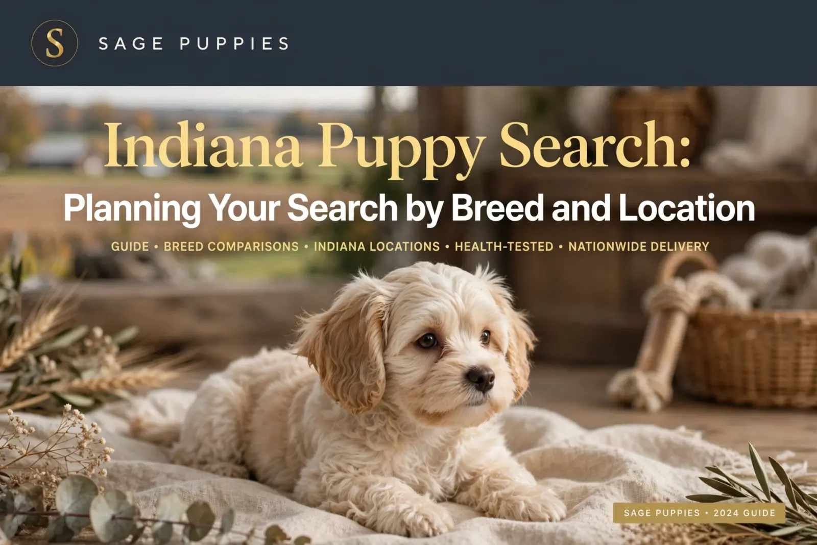 Fluffy cream-colored puppy with floppy ears rests on a textured blanket outdoors, with the title "Indiana Puppy Search: Planning Your Search by Breed and Location" overlaid.