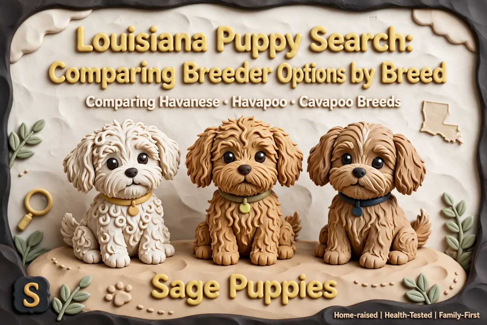 Three adorable, fluffy toy puppies—a white Havanese, a tan Havapoo, and a brown Cavapoo—sit together on a textured brown surface, framed by a decorative border. The image features the blog title "Louisiana Puppy Search: Comparing Breeder Options by Breed" and highlights "Sage Puppies" and specific breeds like Havanese, Havapoo, and Cavapoo.