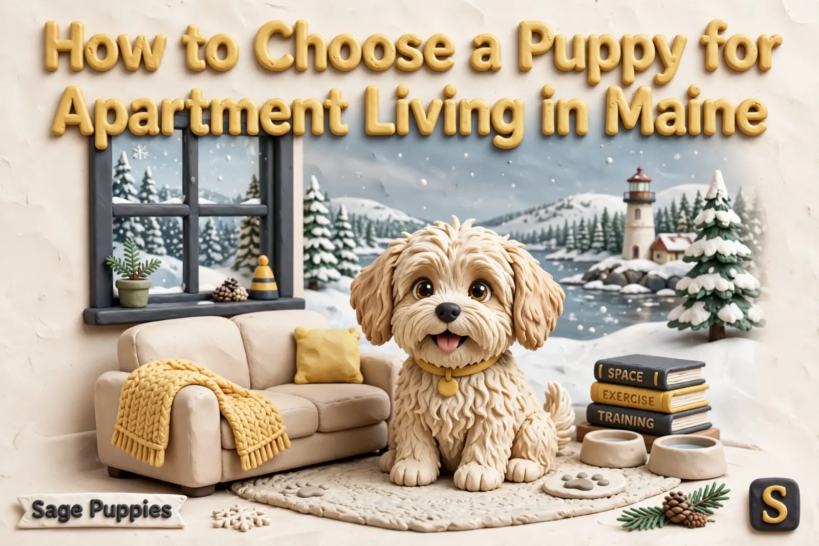 Fluffy cream-colored puppy sitting on a rug next to a couch, with a snowy Maine landscape visible through the window, and the title "How to Choose a Puppy for Apartment Living in Maine" above.