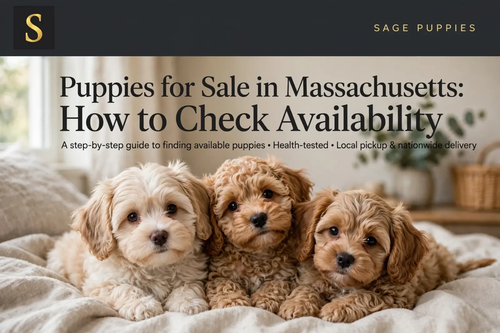 Three adorable, fluffy puppies are nestled together on a soft, textured blanket. The text "Puppies for Sale in Massachusetts: How to Check Availability" is prominently displayed above them.