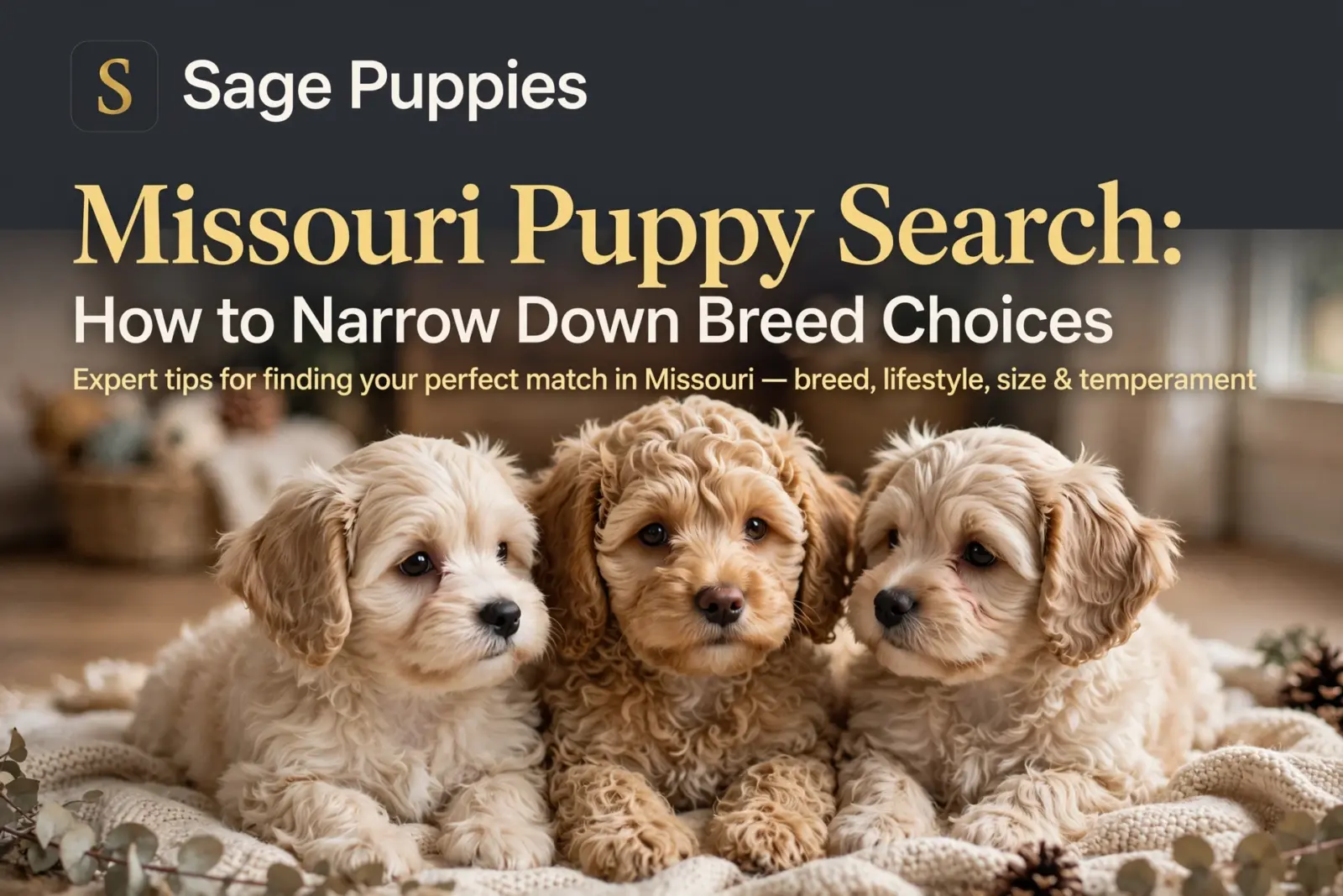Three fluffy, adorable puppies of varying light brown and cream colors sit together on a textured blanket, with pinecones and greenery scattered around them. The image features the blog title "Missouri Puppy Search: How to Narrow Down Breed Choices.