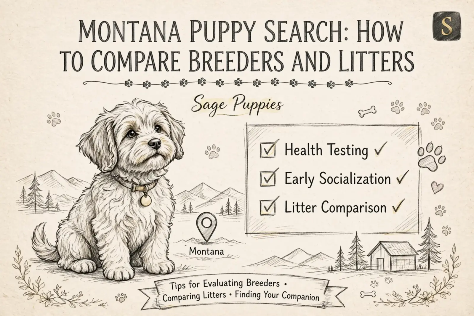 A fluffy white puppy sits attentively in a sketch of the Montana landscape, next to a checklist for comparing breeders and litters for your Montana puppy search.
