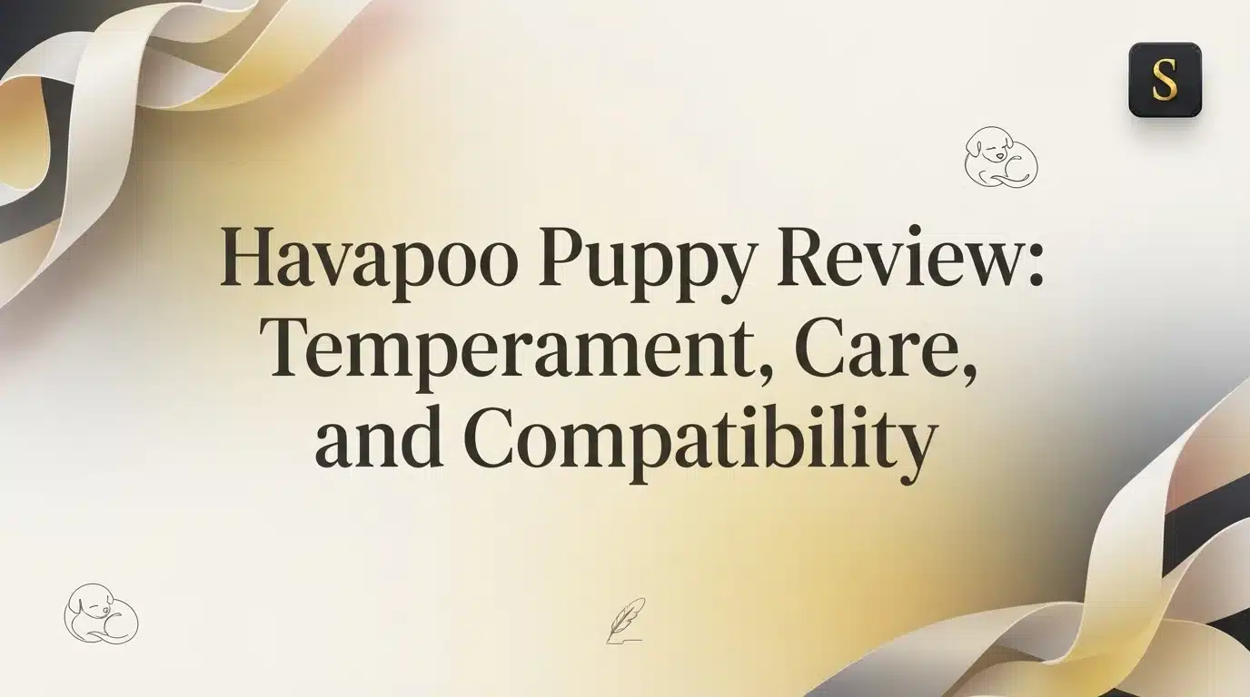 Title card for "Havapoo Puppy Review: Temperament, Care, and Compatibility" blog post, featuring elegant ribbon graphics and a small dog illustration.