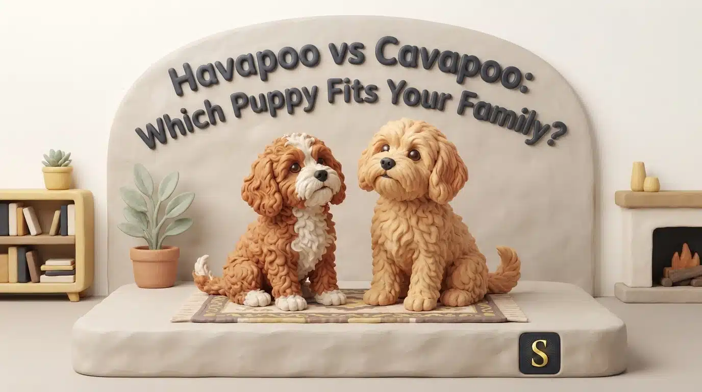 Two adorable, fluffy puppies, one brown and white Havapoo and one golden Cavapoo, sit side-by-side on a rug, with the text "Havapoo vs Cavapoo: Which Puppy Fits Your Family?" arching overhead.