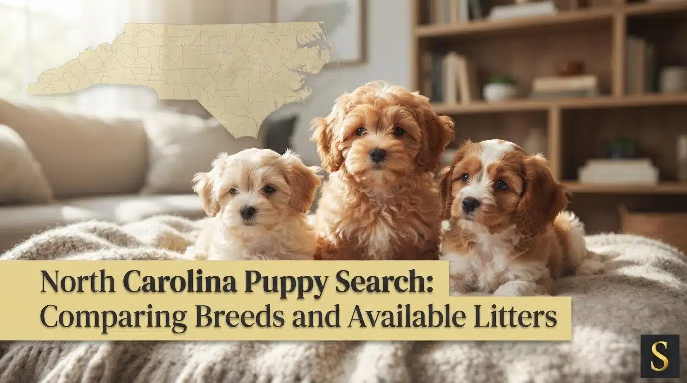 Three adorable puppies, including a fluffy goldendoodle and two smaller light-colored pups, sit on a cozy blanket, with a map of North Carolina overlaid. Text reads "North Carolina Puppy Search: Comparing Breeds and Available Litters.