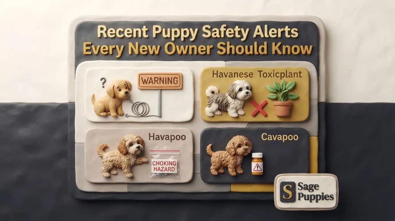 Claymation illustration of four puppies with safety alerts: a curious puppy near a "WARNING" sign, a Havanese near a toxic plant, a Havapoo with a "CHOKING HAZARD" bag, and a Cavapoo with a medicine bottle. Title "Recent Puppy Safety Alerts Every New Owner Should Know" is at the top.