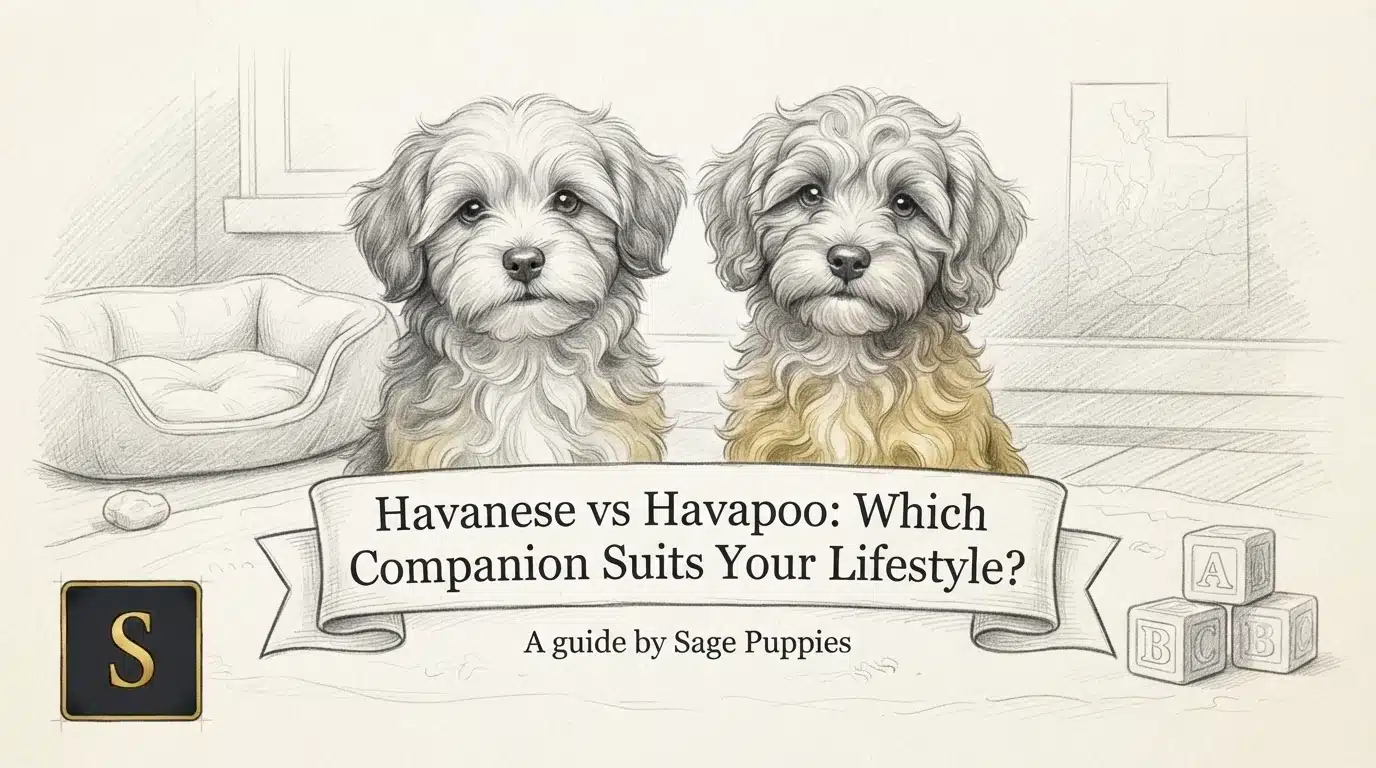 Two fluffy Havanese and Havapoo puppies sit side-by-side in a nursery setting. A banner reads "Havanese vs Havapoo: Which Companion Suits Your Lifestyle?".