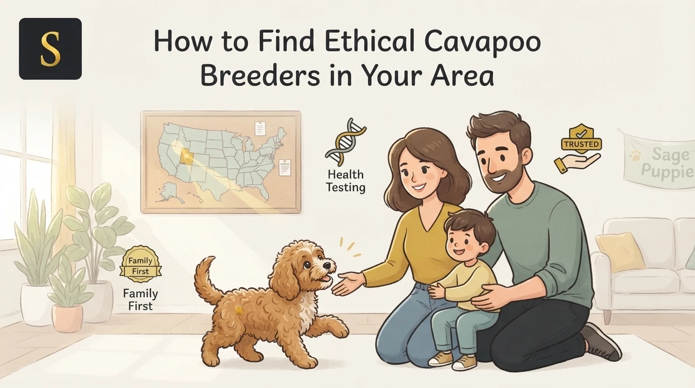 A happy family with a Cavapoo puppy, illustrating how to find ethical Cavapoo breeders. The image shows a man, woman, and child interacting with a fluffy, golden-brown dog, with icons for "Health Testing" and "Family First" visible.