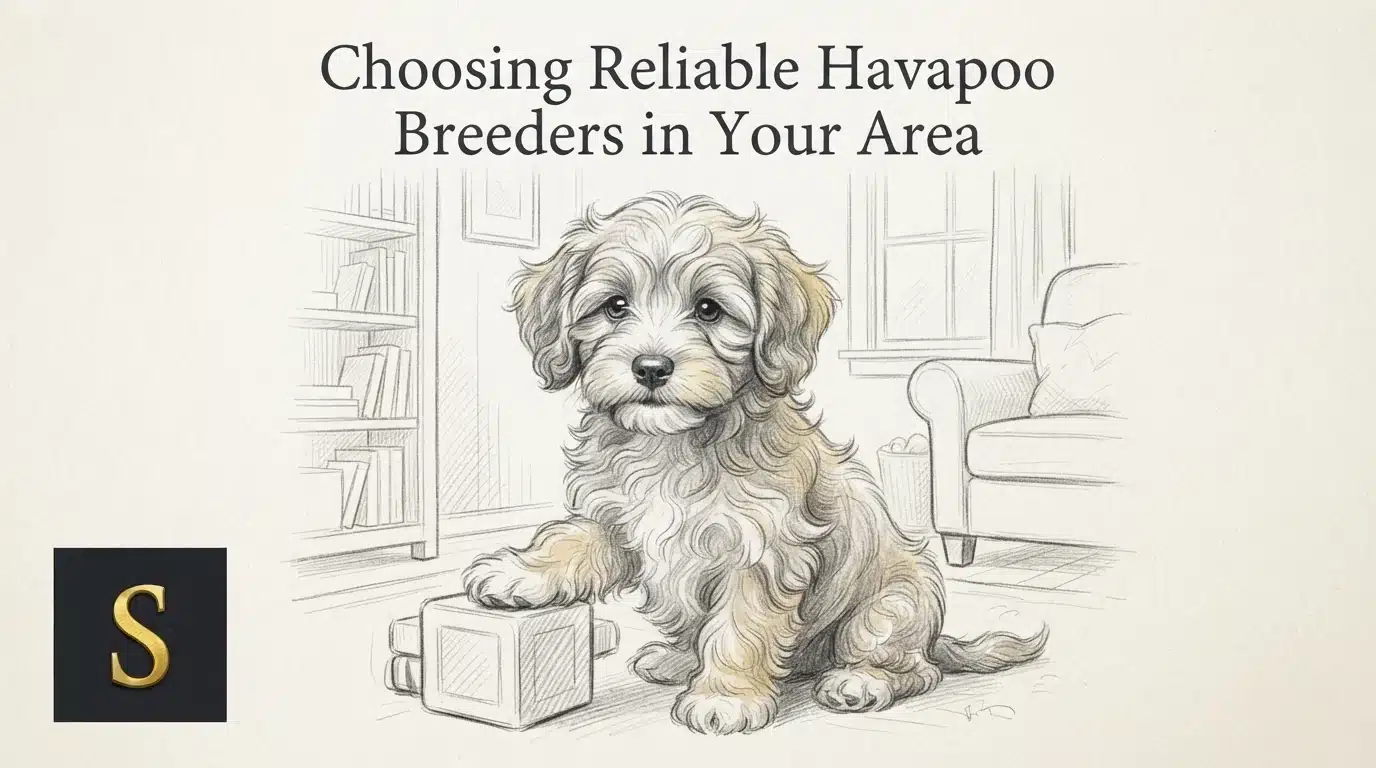 Sketch of a fluffy, light-colored Havapoo puppy sitting indoors, resting its paw on a toy block. The background features a bookshelf and armchair, illustrating a home environment for choosing reliable Havapoo breeders.