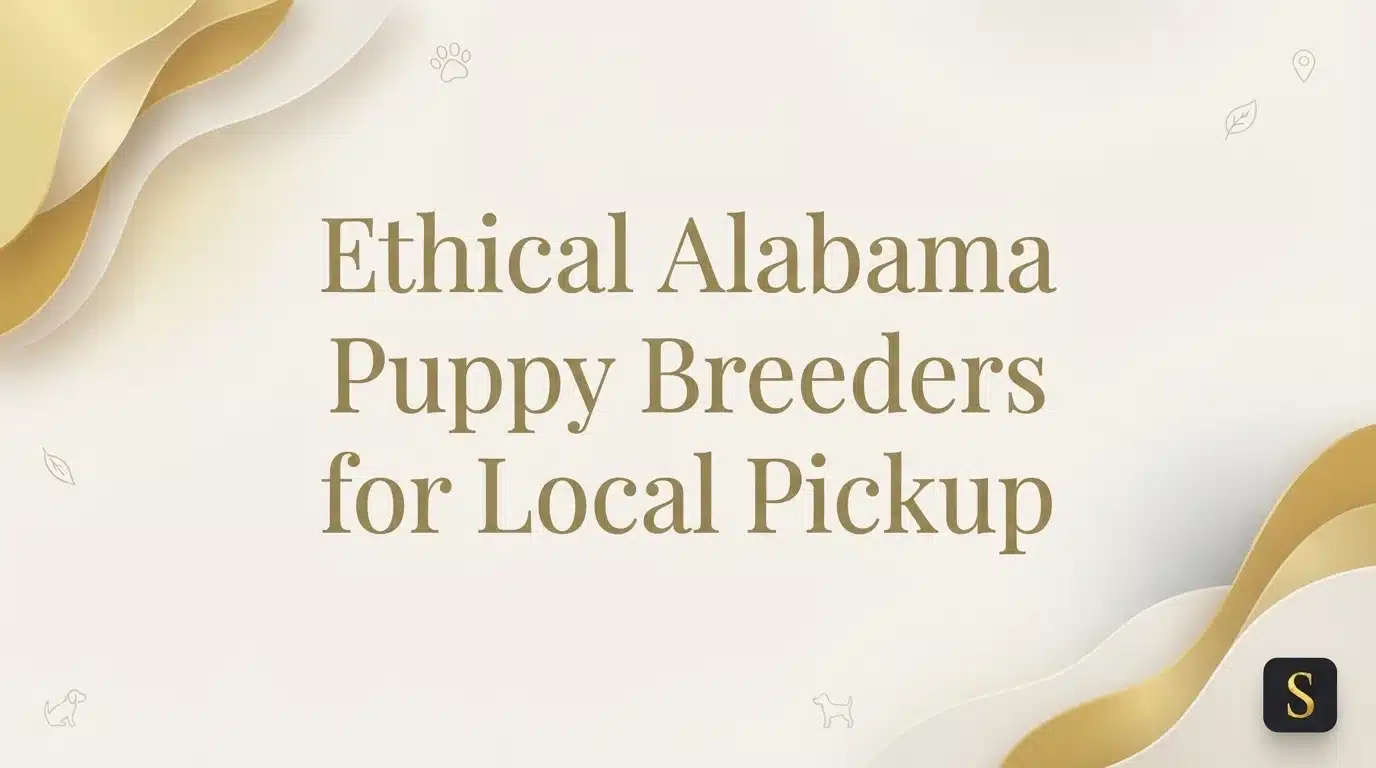 Elegant graphic with gold and white wavy layers, featuring the text "Ethical Alabama Puppy Breeders for Local Pickup" and subtle paw print and leaf motifs.