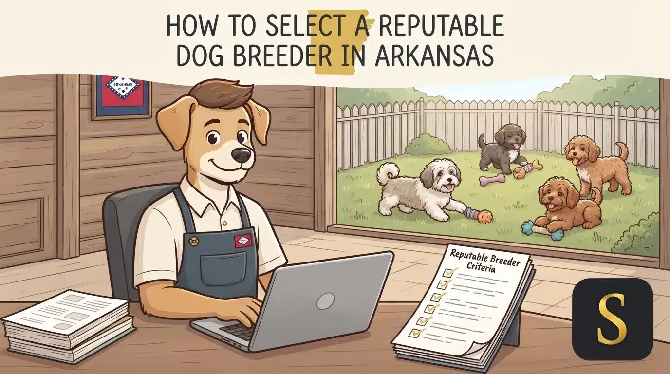 Cartoon dog wearing an apron sits at a desk with a laptop, a stack of papers, and a "Reputable Breeder Criteria" checklist, with puppies playing in a yard visible through the window. This image relates to how to select a reputable dog breeder in Arkansas.