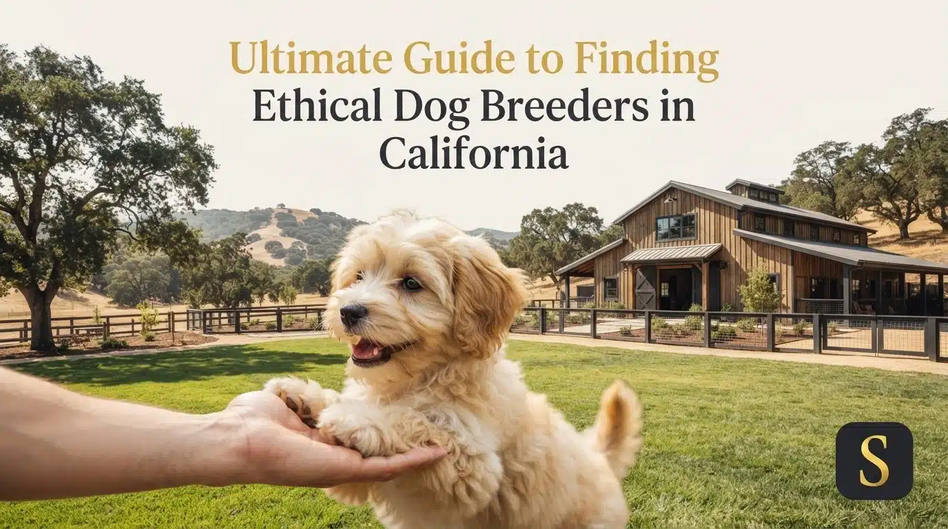 A fluffy, cream-colored puppy is held by a hand in a grassy yard, with a rustic barn and rolling hills in the background. The text "Ultimate Guide to Finding Ethical Dog Breeders in California" is overlaid.