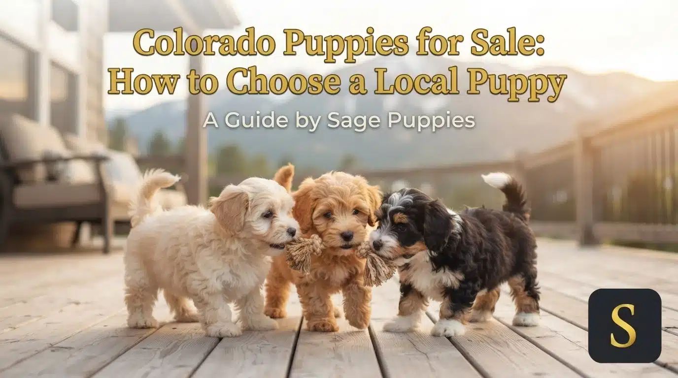 Three adorable puppies, a cream-colored Cavapoo, a golden-brown Cavapoo, and a black and tan Bernedoodle, play together on a wooden deck with mountains in the background. Text overlay reads "Colorado Puppies for Sale: How to Choose a Local Puppy".