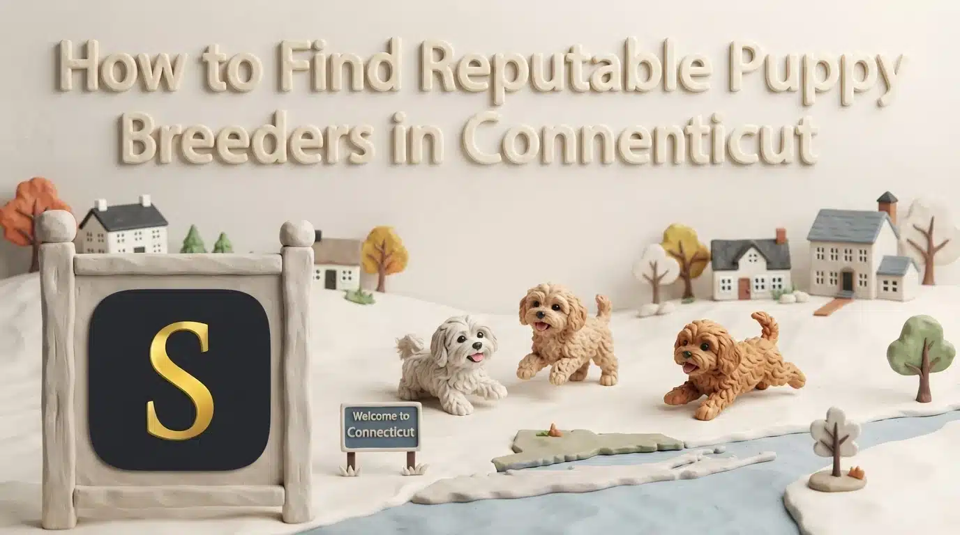 Claymation scene with the title "How to Find Reputable Puppy Breeders in Connecticut" above three adorable puppies playing in a miniature Connecticut landscape. A "Welcome to Connecticut" sign is visible.