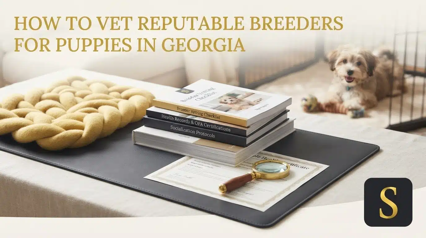 Stack of books titled "Breeder's Checklist," "Breeder Vetting Checklist," and "Health Records & OFA Certifications" on a desk, with a fluffy puppy in a playpen in the background. This image relates to vetting reputable breeders for puppies in Georgia.