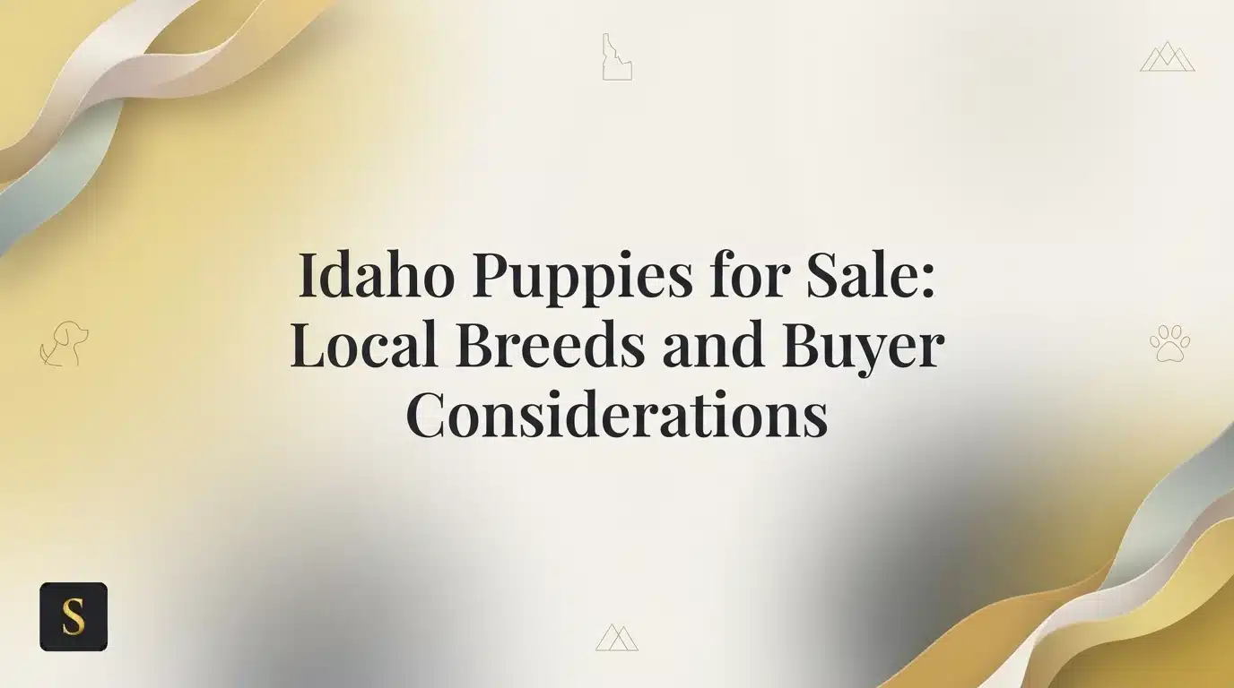 Title graphic for "Idaho Puppies for Sale: Local Breeds and Buyer Considerations," featuring elegant golden and cream waves, subtle mountain outlines, and paw print icons.