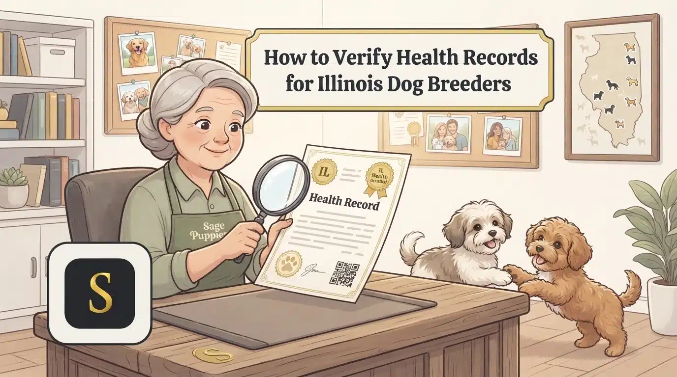 Elderly woman with gray hair reviews a health record for Illinois dog breeders with a magnifying glass. Two puppies, one white and fluffy, the other golden, stand on a wooden desk. A framed map of Illinois with dog silhouettes hangs on the wall.
