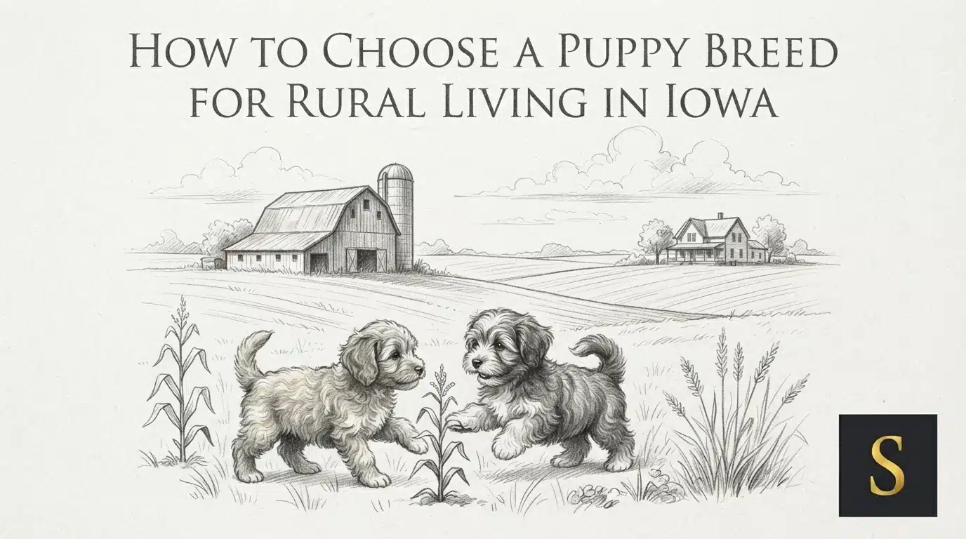 Sketch of two fluffy puppies playing in a rural Iowa farm field, with a barn and farmhouse in the background. Text reads "HOW TO CHOOSE A PUPPY BREED FOR RURAL LIVING IN IOWA".