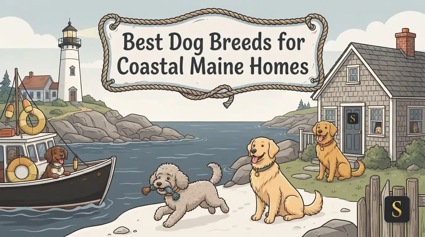 Illustration of various dog breeds, including Golden Retrievers and a Poodle mix, enjoying a coastal Maine scene with a lighthouse and a charming house. The title "Best Dog Breeds for Coastal Maine Homes" is prominently displayed.