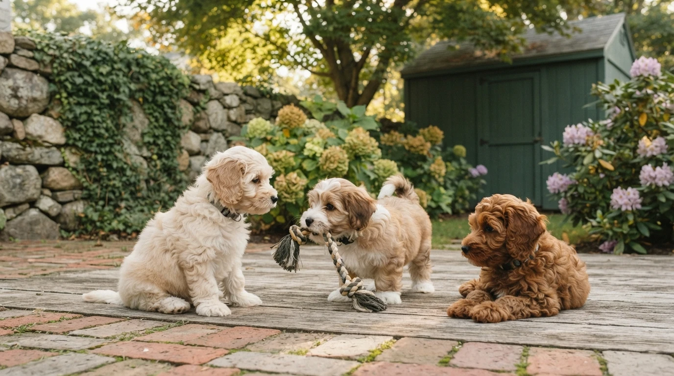 Three adorable puppies, likely Massachusetts puppies for sale, play with a rope toy on a wooden deck surrounded by lush greenery, a stone wall, and a garden shed.